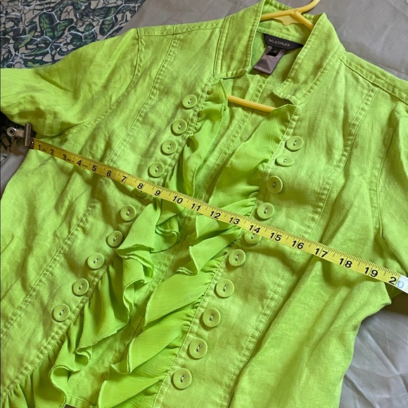 Multiples Neon Green Ruffle Button-Up Blouse - Picture 8 of 16